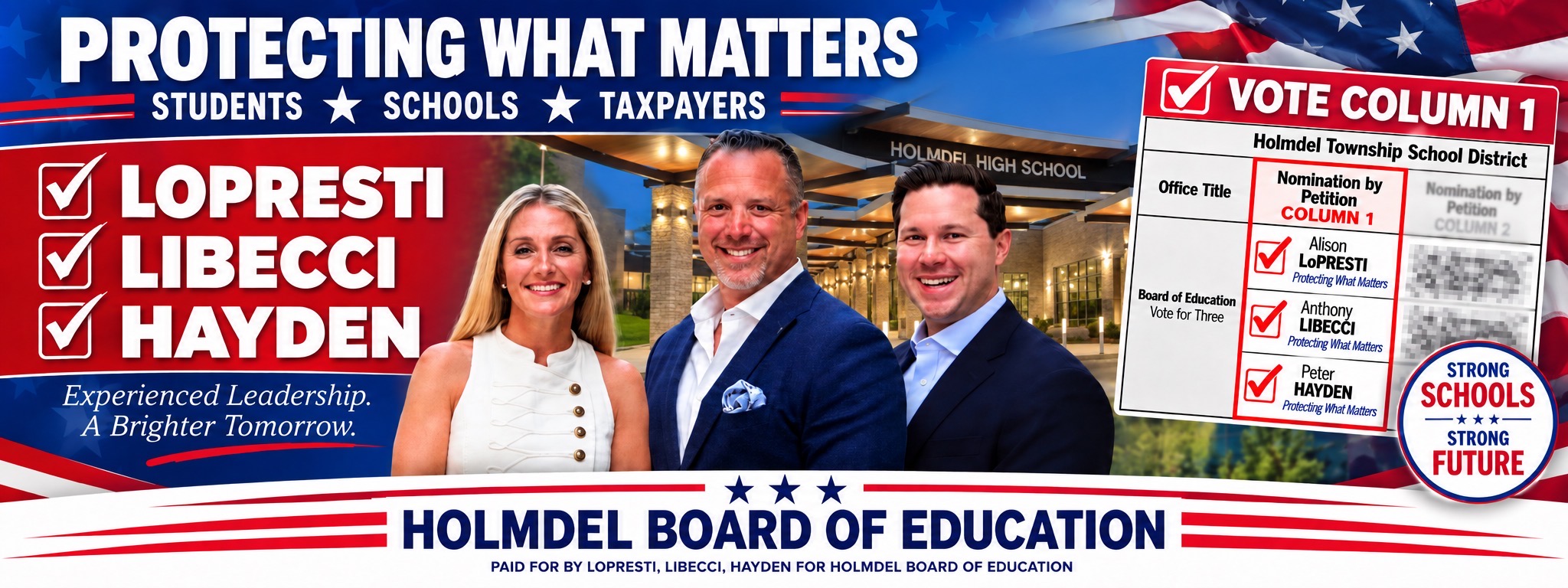 Holmdel Board of Education campaign banner showing Alison LoPresti, Anthony Libecci, and Peter Hayden, with the Protecting What Matters message and a Column 1 voting guide.